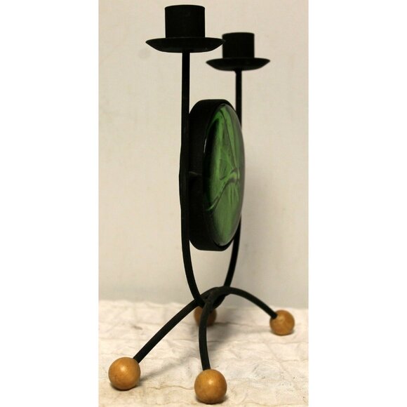 Black Metal Double Taper Dinner Candle Holder Green Glass Dragonfly Decor - Picture 3 of 10